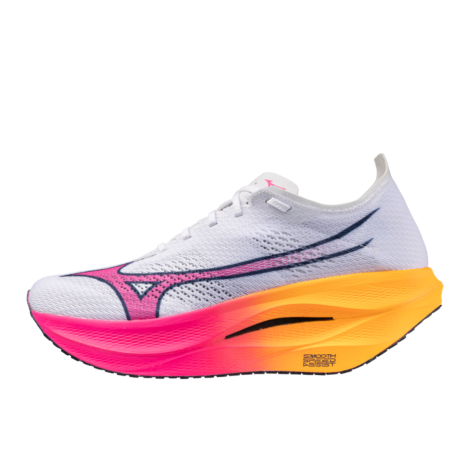 Mizuno Unisex Wave Rebellion Pro 3 Running Shoes in White/Pink Tetra/Tang Orange AW25