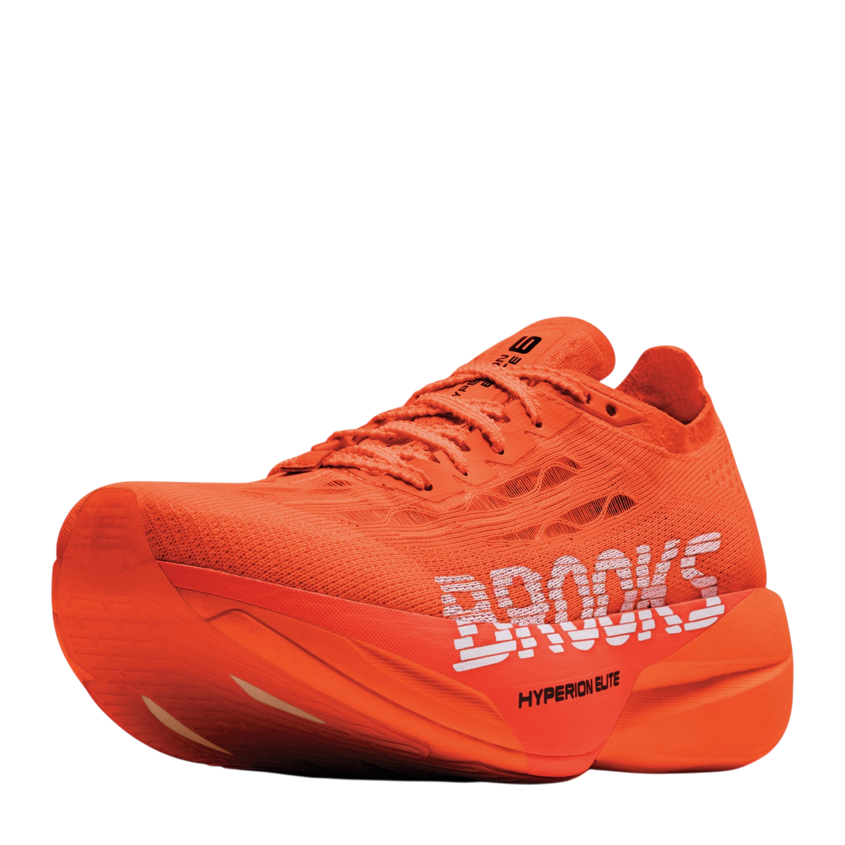 Up & Running Brooks Hyperion Elite 6 running shoes in tigerlily orange with white branding and thick DNA GOLD sole