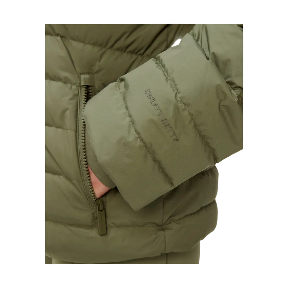Nimbus Lightweight Short Puffer in Bracken Green, pocket view