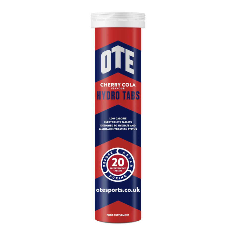 Up & Running OTE Hydro Tablets in cherry cola flavour, a tube of 20 low-calorie electrolyte hydration tablets.