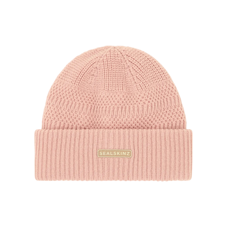 Up & Running Sealskinz Gressenhall waterproof cold weather beanie in soft pink with a ribbed cuff and logo patch