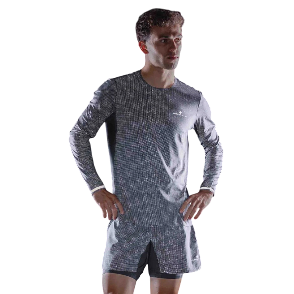 Up & Running Ronhill men's black long-sleeved running tee with reflective dot pattern for high visibility