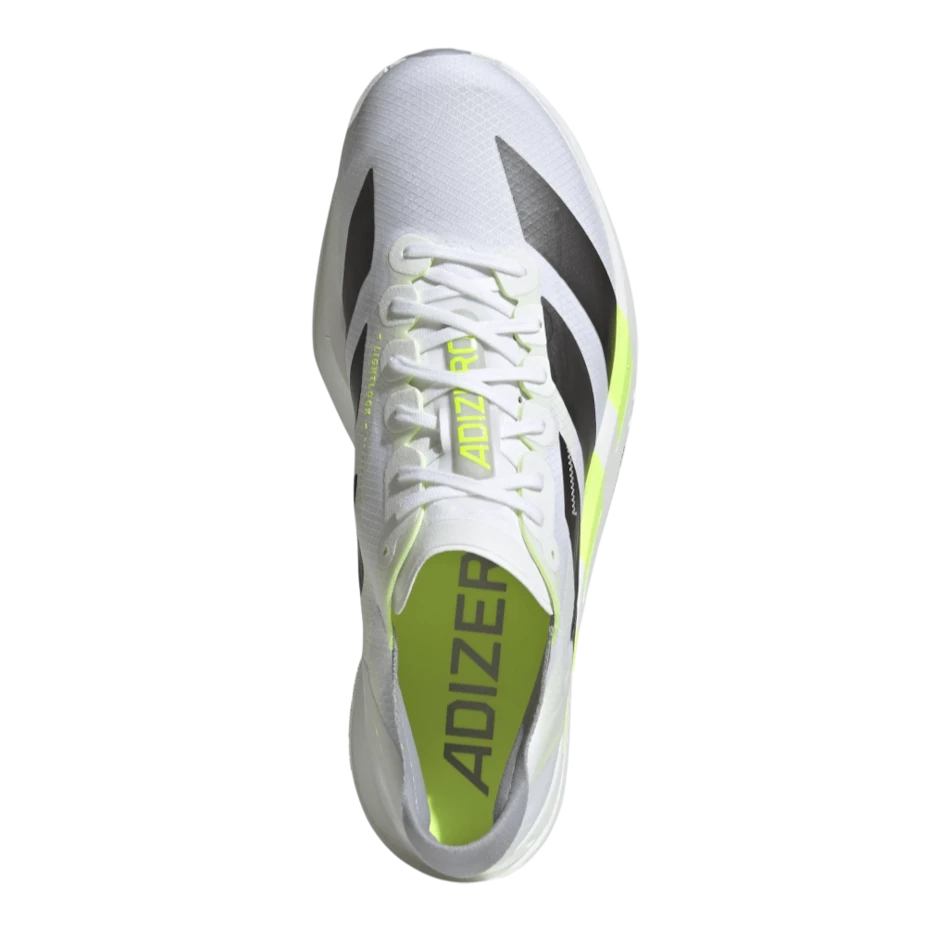 Up & Running adidas Adios Pro 4 running shoes in cloud white with iron metallic and solar yellow accents, top view.