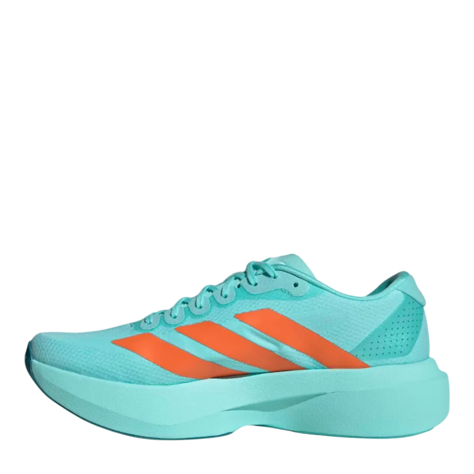 Up & Running adidas Adizero Evo SL running shoes in flash aqua with impact orange stripes and Lightstrike Pro foam