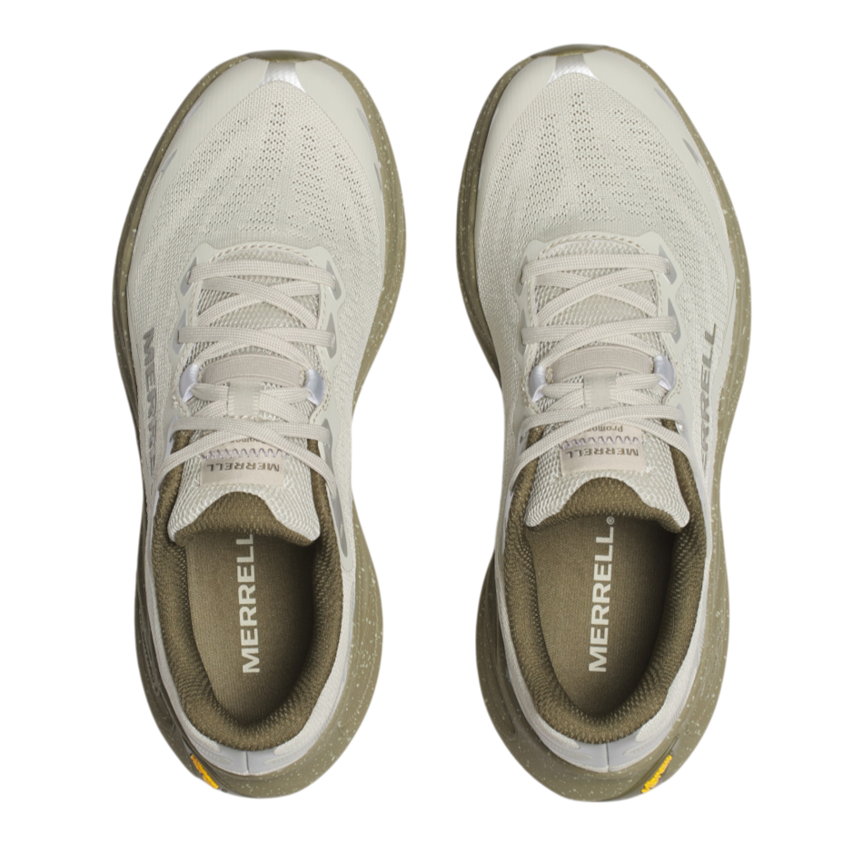 Up & Running Merrell Women's ProMorph trail running shoes in light olive with a speckled midsole, top-down view.