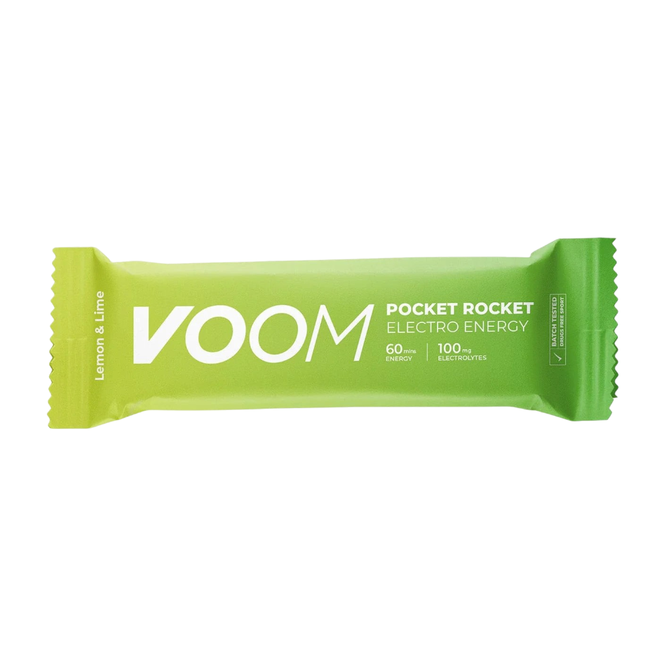 Up & Running Voom Electro Energy Chew in lemon and lime flavour, a green 45g carbohydrate bar for endurance sports.