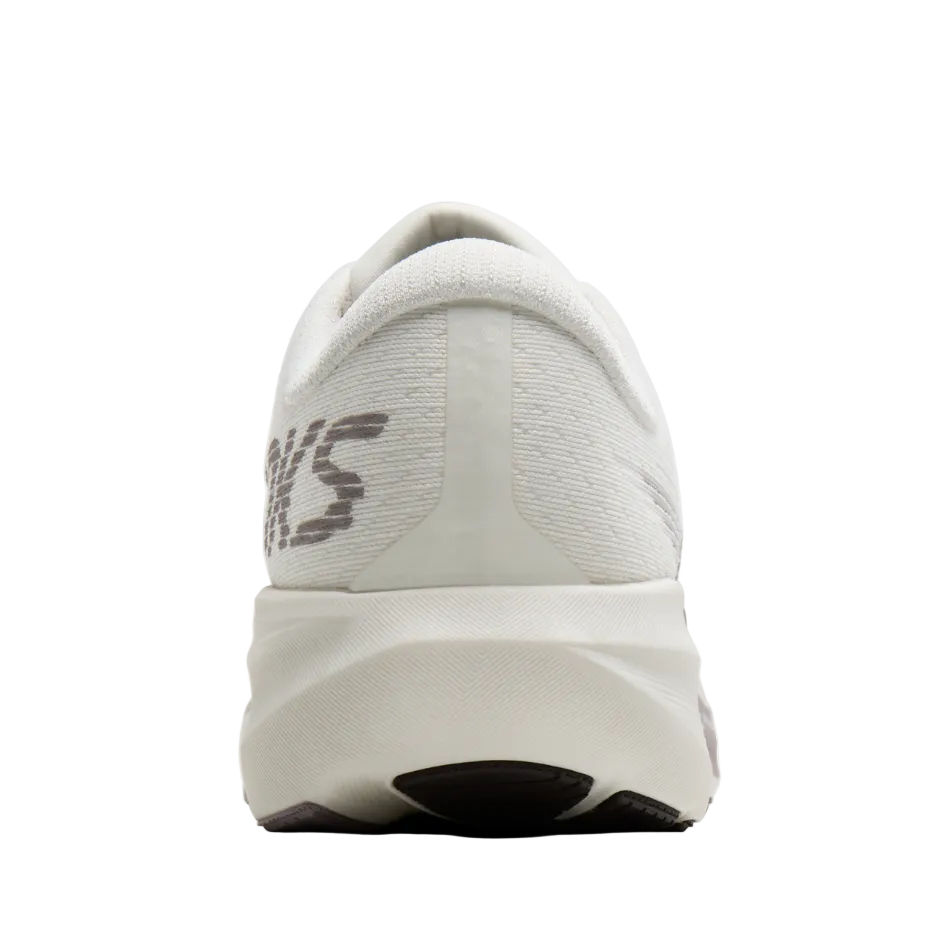 Rear view of a white running shoe with a thick white midsole and dark grey Brooks' branding.