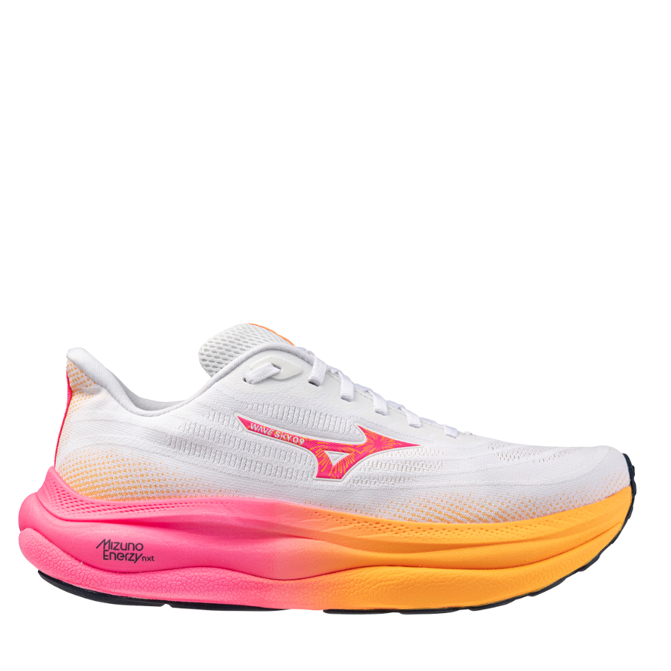 Mizuno Unisex Wave Sky 9 Running Shoes in White/Tang Orange/Pink Tetra AW25