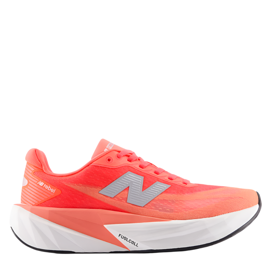 New Balance Women's Fuelcell Rebel V5 Running Shoes in Urgent Red/White/Silver Metallic AW25