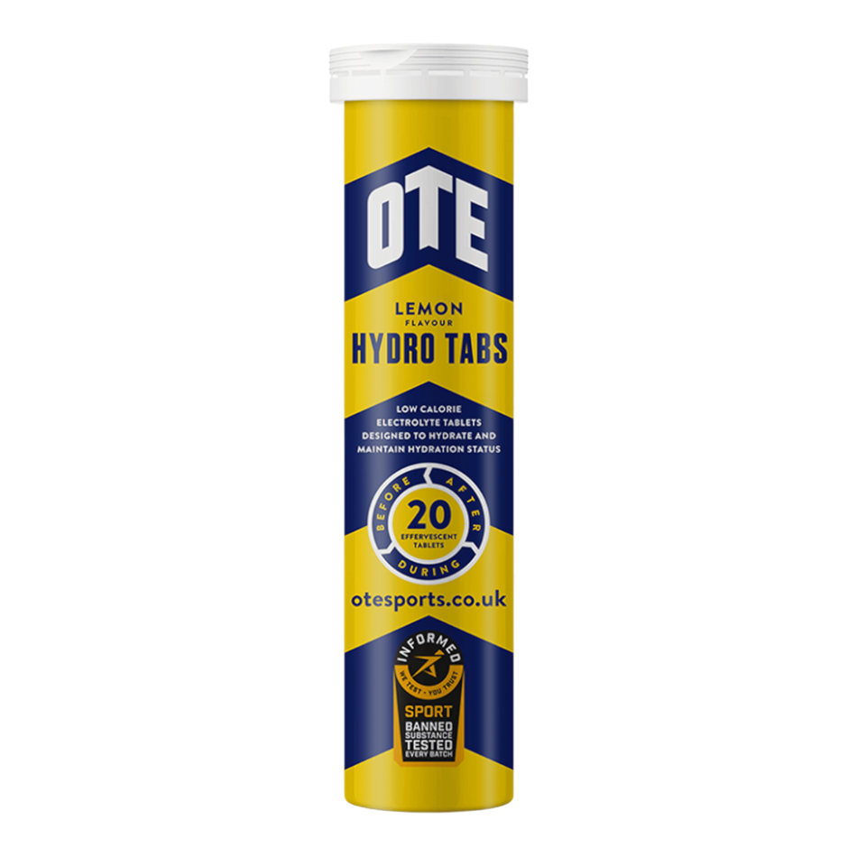 Up & Running OTE Hydro Tablets in lemon flavour, a tube of 20 low-calorie electrolyte tablets for hydration.