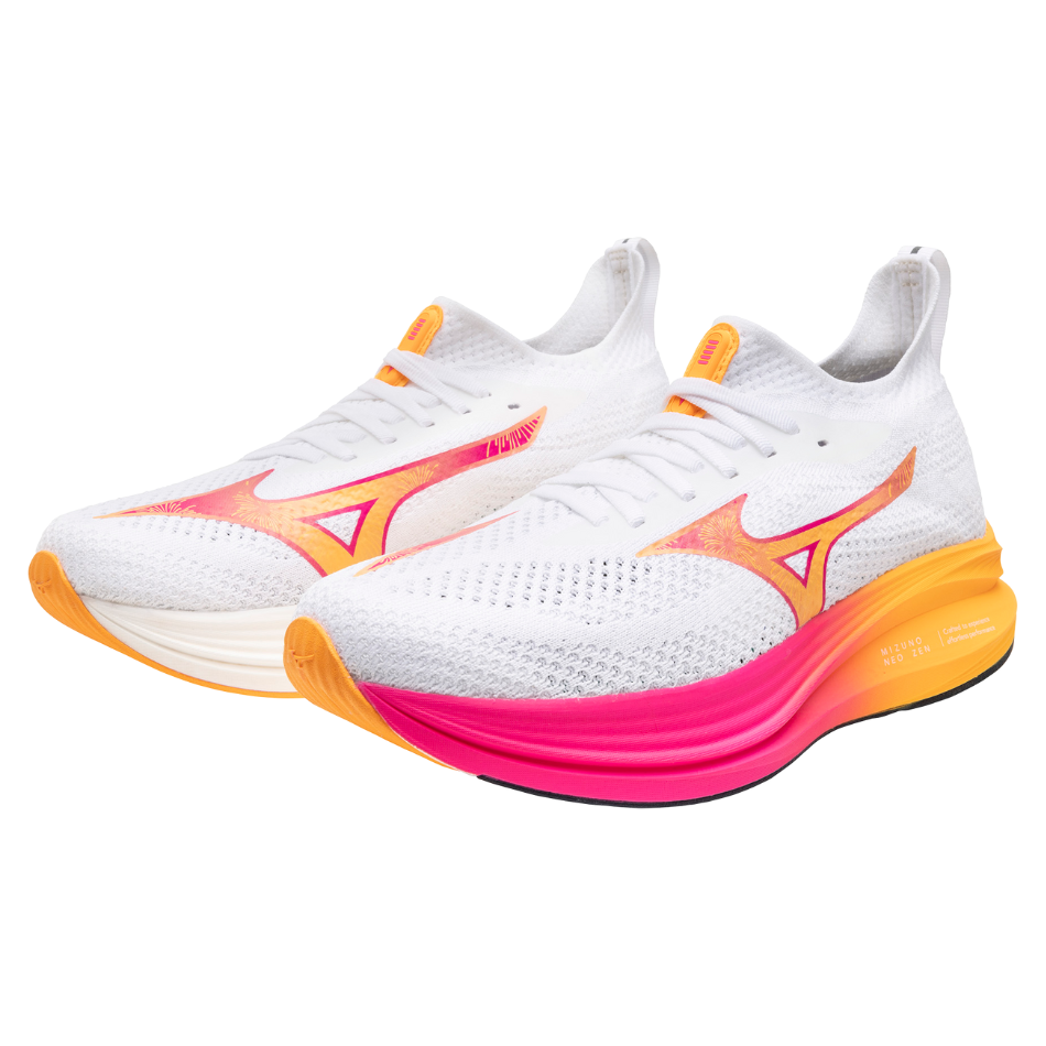 Mizuno Unisex Neo Zen Running Shoes in White/Tang Orange/Pink Tetra AW25