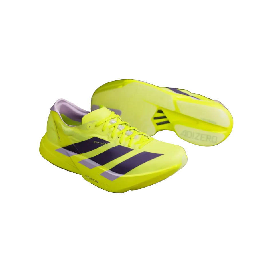 adidas Men's Adios Pro 4 Running Shoes in Solar Yellow/Aurora Plum/Powder Plum SS26