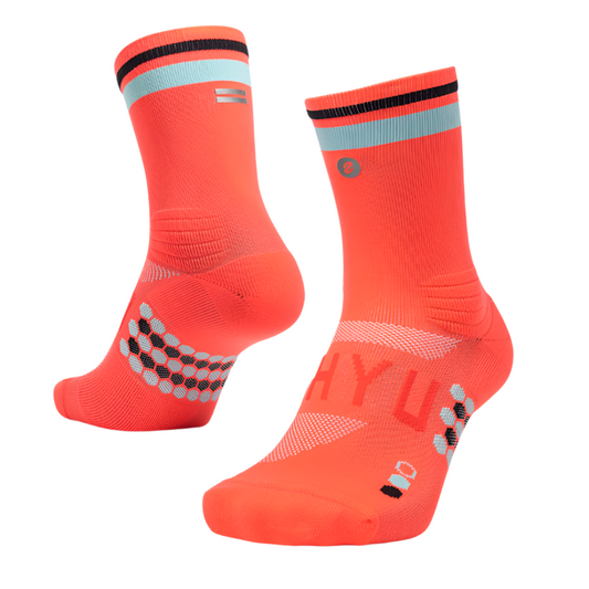 Shyu Unisex Half Crew Cut Racing Socks in Coral/Sky/Black AW25
