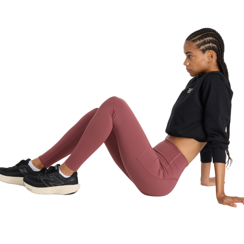 New Balance Women's Sleek Pocket High Rise Legging 27" in Washed Burgundy AW25