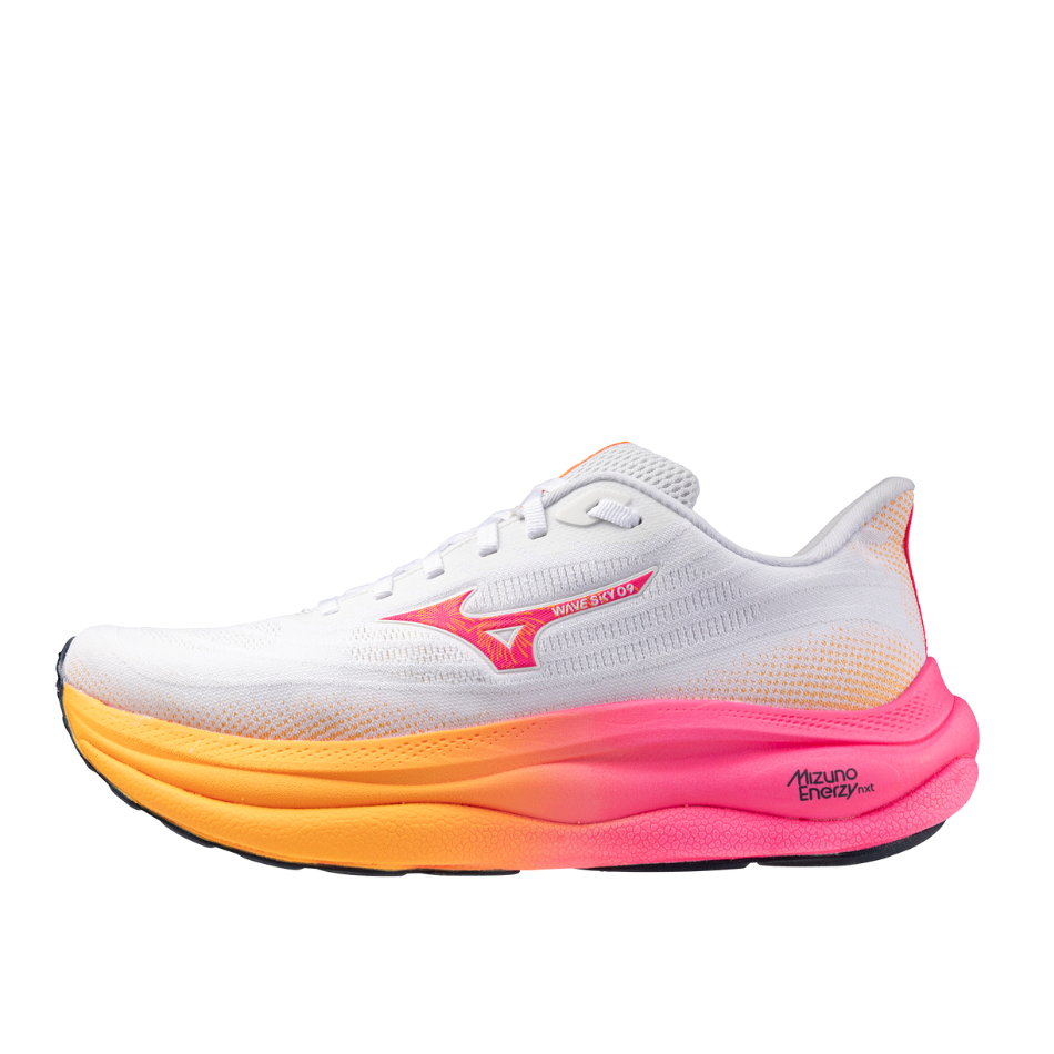 Mizuno Unisex Wave Sky 9 Running Shoes in White/Tang Orange/Pink Tetra AW25