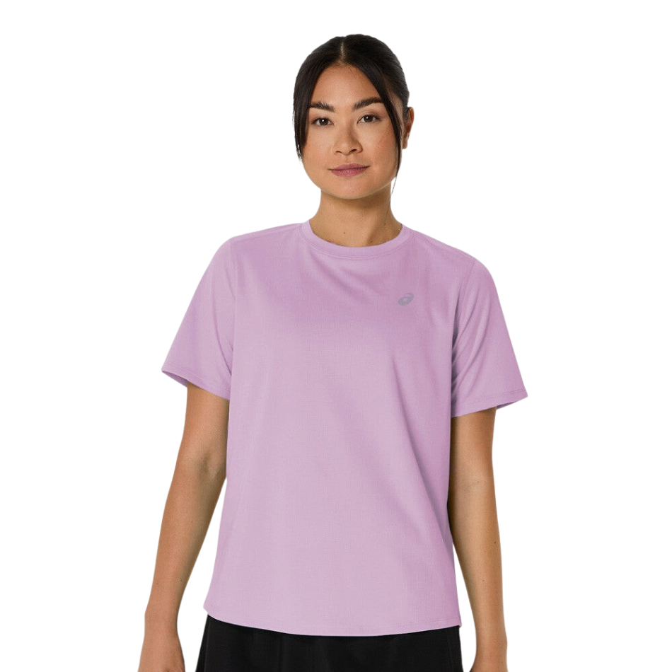 Up & Running ASICS women's hazy lilac short sleeve running top with lightweight moisture-wicking knit fabric.