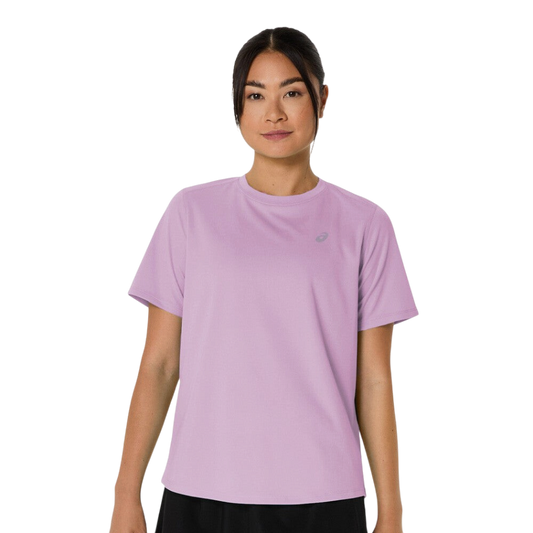 Up & Running ASICS women's hazy lilac short sleeve running top with lightweight moisture-wicking knit fabric.