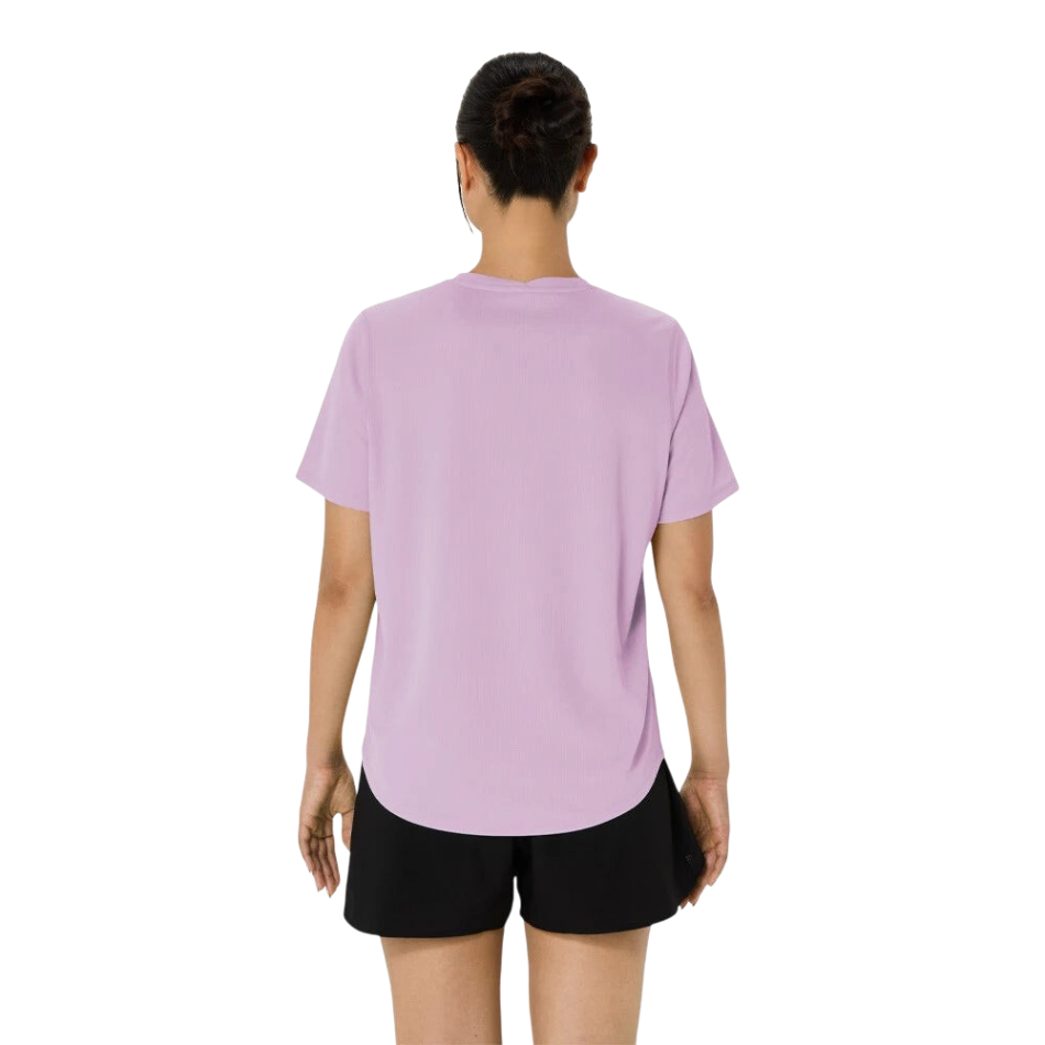 Up & Running ASICS women's short sleeve running top in hazy lilac, back view showing lightweight moisture-wicking knit
