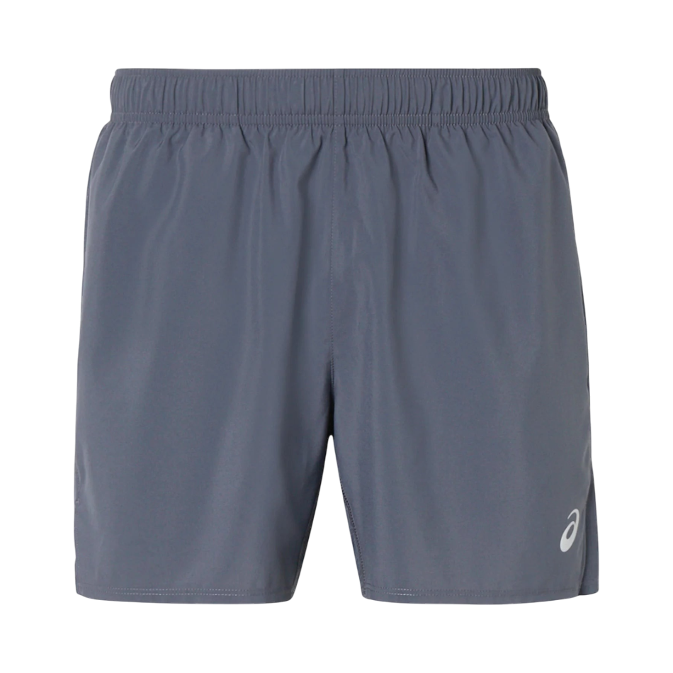 Up & Running ASICS Men's Core 5-inch running shorts in carrier grey with reflective logo and breathable side panels.