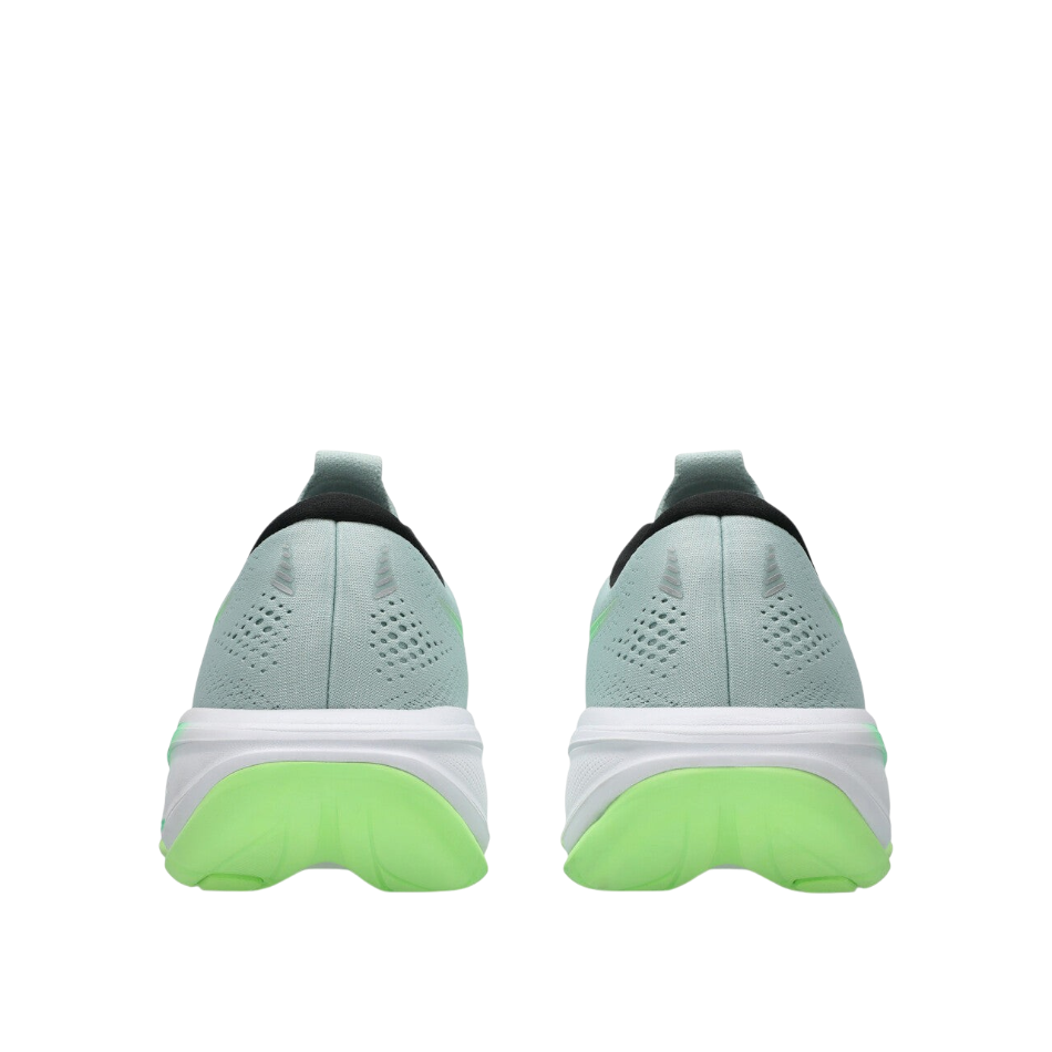 Rear view of Up & Running ASICS GEL-CUMULUS 28 running shoes in cold moss and vital green with white midsoles