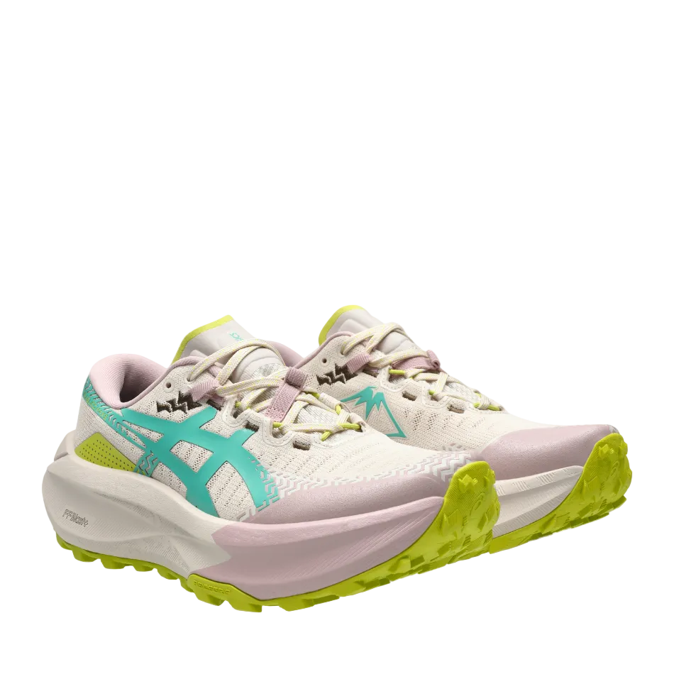 ASICS Women's TRABUCO MAX 5 Trail Running Shoes in Mineral Beige/Aurora Green, side angle