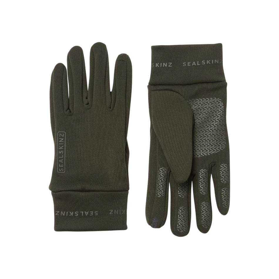 Up & Running Sealskinz olive water-repellent nano fleece gloves with touchscreen-compatible grip palms.