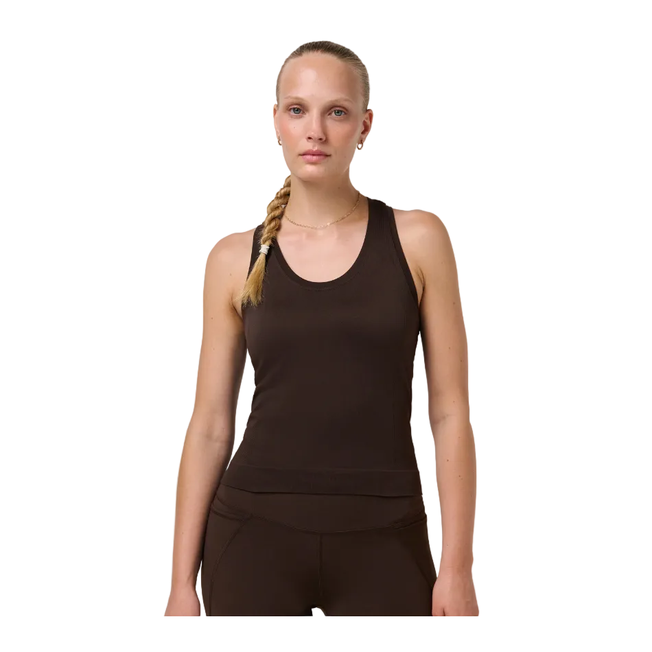 Athlete Crop Seamless Workout Tank Top in Espresso Brown, model front view