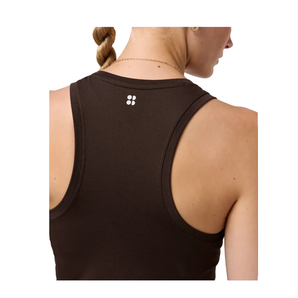 Athlete Crop Seamless Workout Tank Top in Espresso Brown, model back view