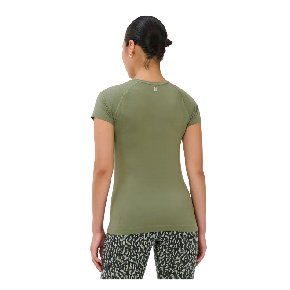 Sweaty Betty Athlete Seamless Workout T-Shirt in Bracken Green, model back view
