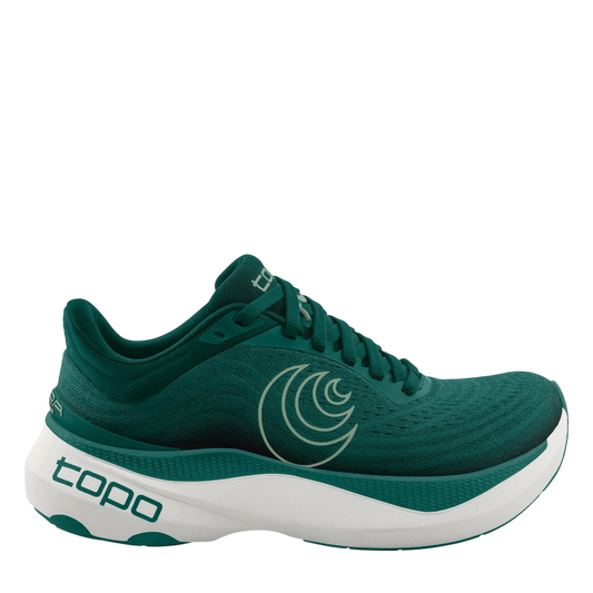 Up & Running Topo Aura men's running shoes in teal and white with a cushioned ZipFoam midsole and stable design.