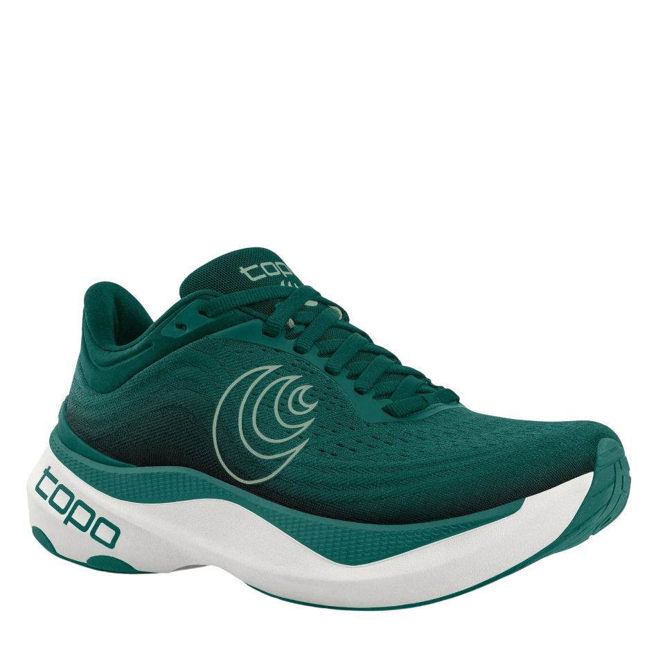 Up & Running Topo Aura men's running shoes in teal and white with a cushioned ZipFoam midsole and stable design.