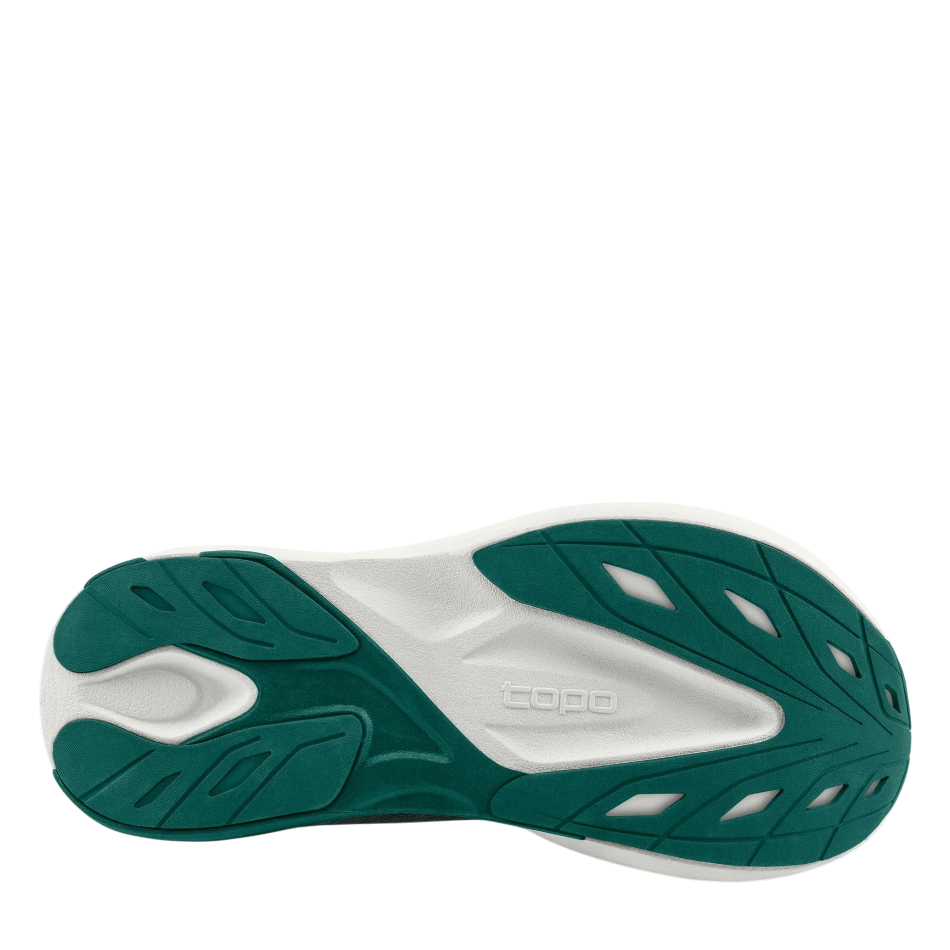 Up & Running Topo Aura running shoe outsole in teal and white with Y-Frame Guidance System tread pattern