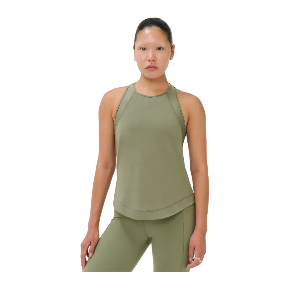 Breathe Easy Mesh Run Tank Top in Bracken Green, model front view