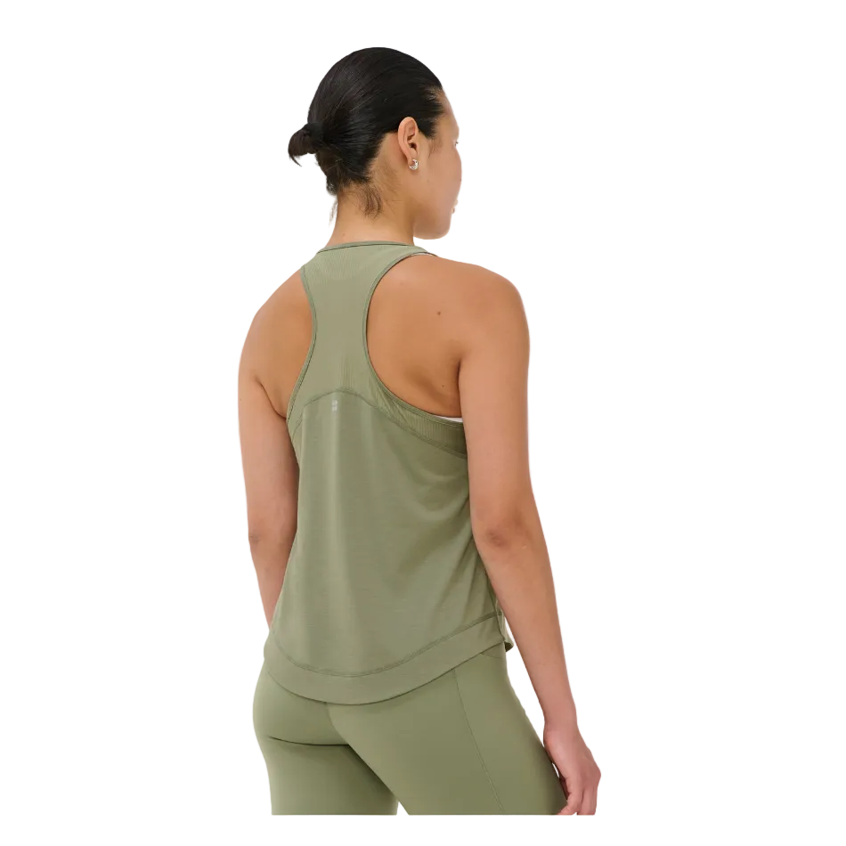 Breathe Easy Mesh Run Tank Top in Bracken Green, moedl back view