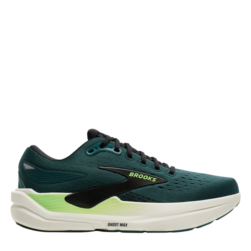 Up & Running Brooks Ghost Max 3 running shoes in Atlantic Deep blue, black, and green with high-stack cushioning.