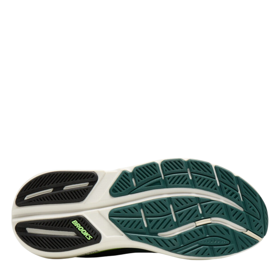 Up & Running Brooks Ghost Max 3 running shoe outsole in Atlantic Deep, black, and green with durable rubber tread.