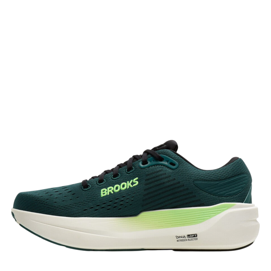 Up & Running Brooks Ghost Max 3 running shoes in Atlantic Deep blue and black with neon green accents and thick sole.