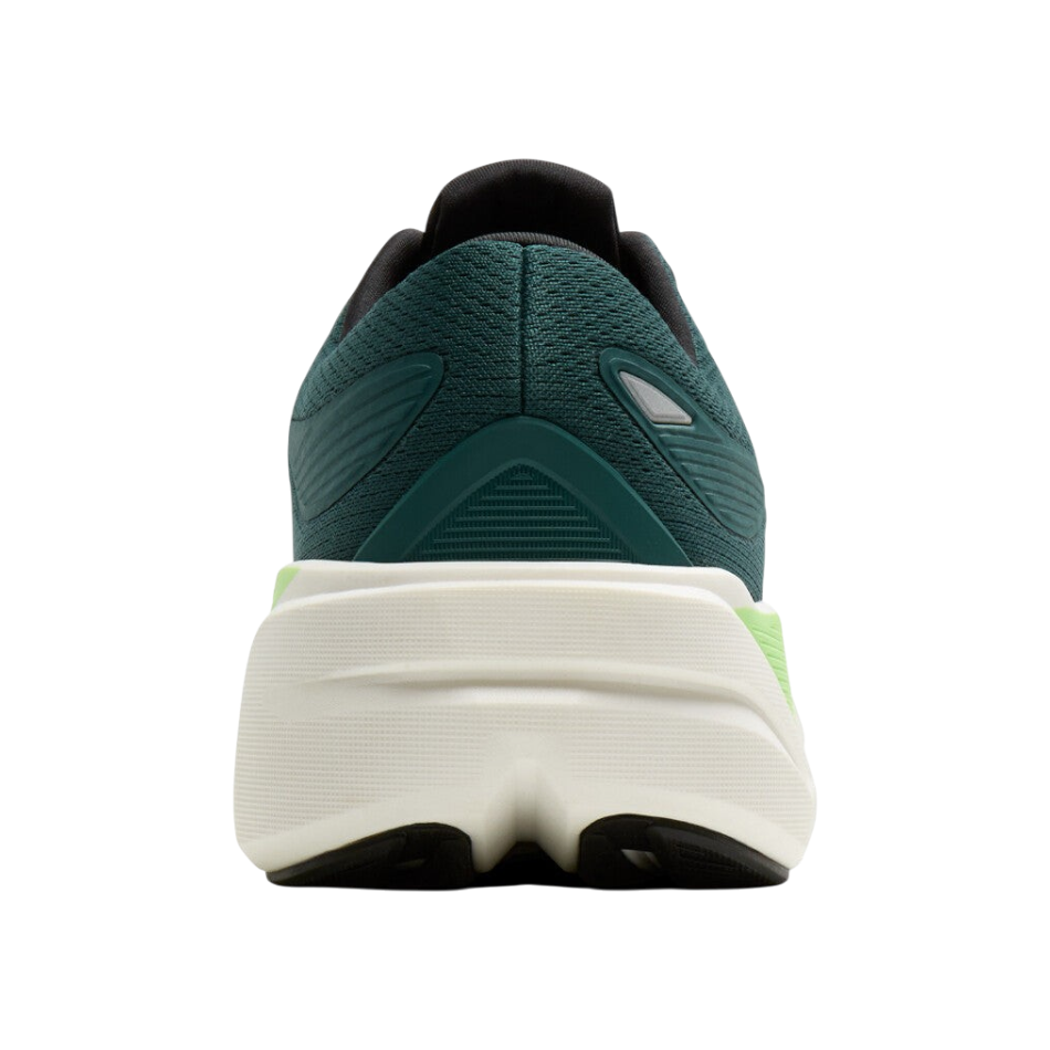 Rear view of Up & Running Brooks Ghost Max 3 running shoes in Atlantic Deep, black, and green with thick foam sole