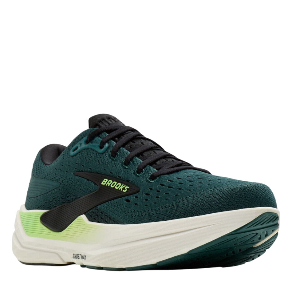 Up & Running Brooks Men's Ghost Max 3 running shoes in Atlantic Deep, black, and green with high-stack cushioning.