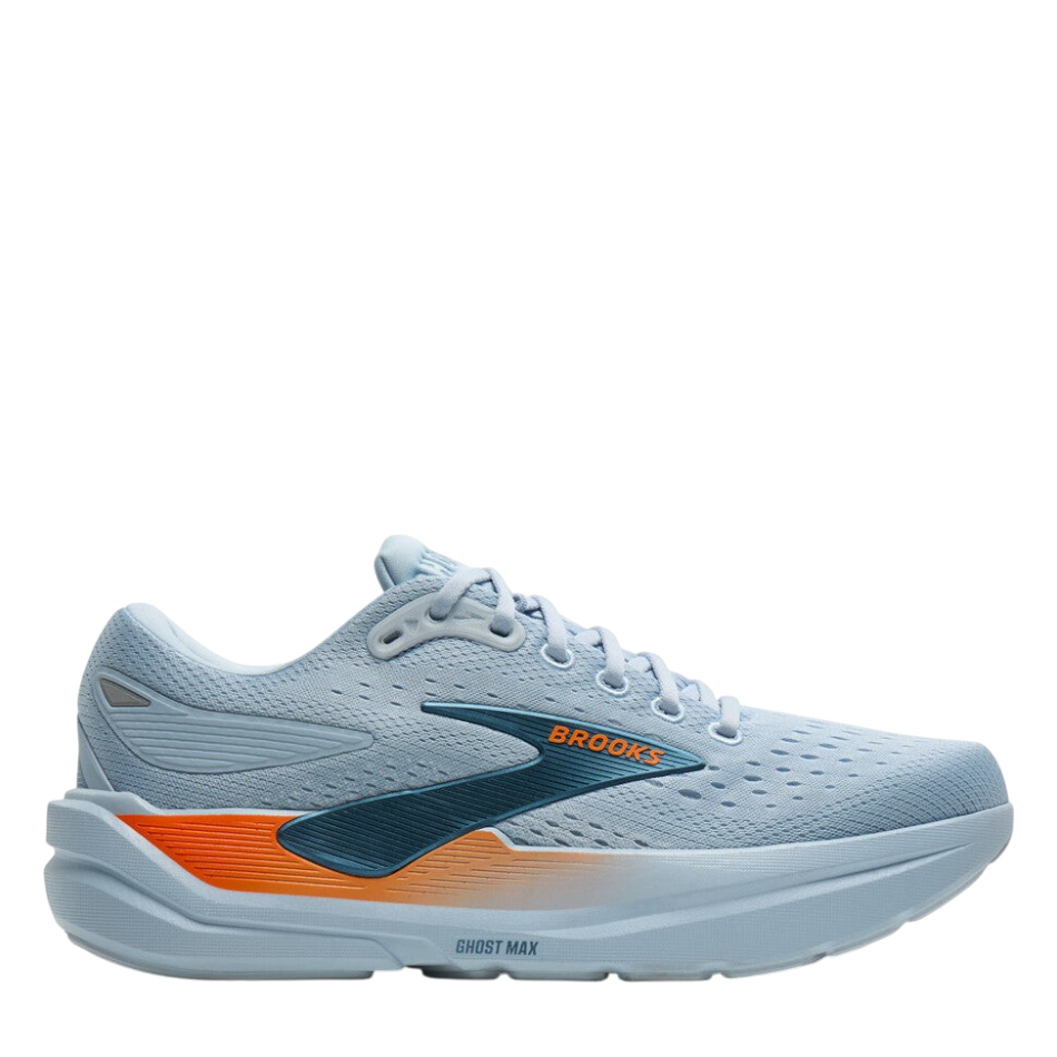 Up & Running Brooks Ghost Max 3 men's running shoes in skyway blue with orange accents and high-stack cushioned midsole