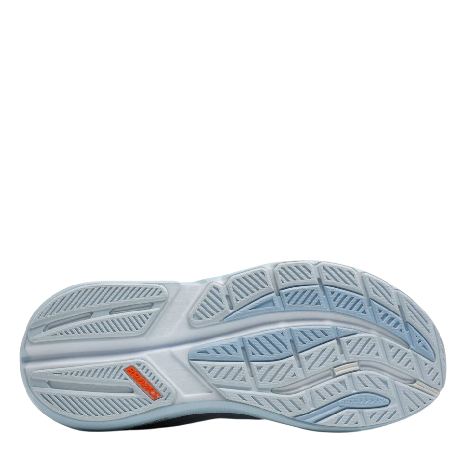 Up & Running Brooks Men's Ghost Max 3 running shoe outsole in skyway blue with orange branding and durable grip pattern