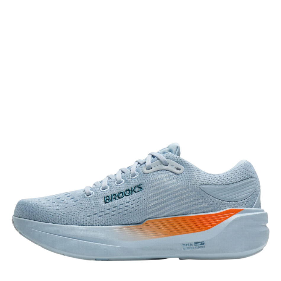 Up & Running Brooks Ghost Max 3 running shoes in skyway blue with orange midsole detail and DNA LOFT v3 cushioning.