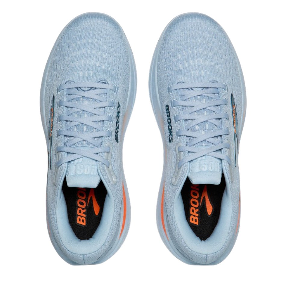 Up & Running Brooks Ghost Max 3 men's running shoes in skyway blue with orange accents and high-stack cushioning.