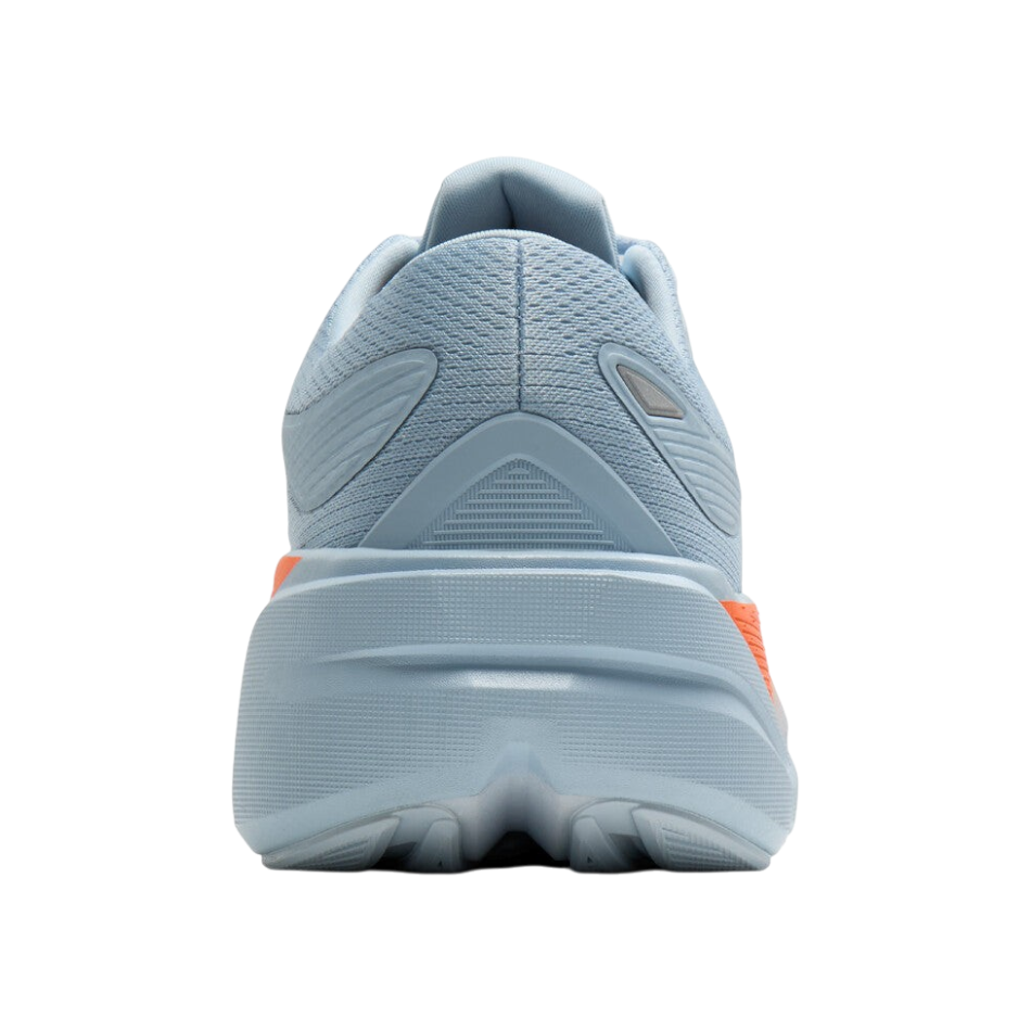 Up & Running Brooks Men's Ghost Max 3 running shoes in skyway blue with orange accents, rear view showing thick sole.
