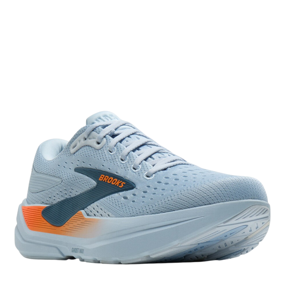 Up & Running Brooks Ghost Max 3 running shoes in skyway blue with orange accents and high-stack DNA LOFT v3 cushioning.