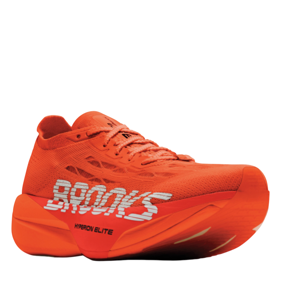Up & Running Brooks Hyperion Elite 6 running shoes in tigerlily orange with white branding and thick DNA GOLD midsole.
