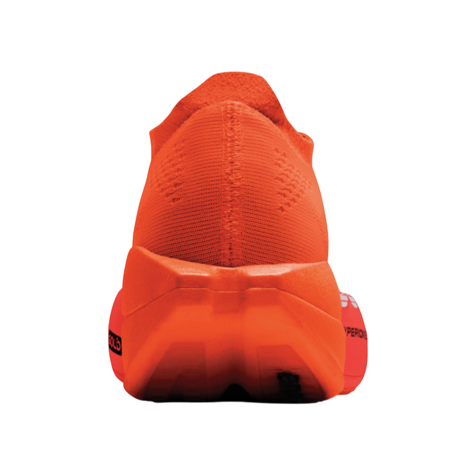 Rear view of Up & Running Brooks Hyperion Elite 6 running shoes in vibrant tigerlily orange with DNA GOLD cushioning.
