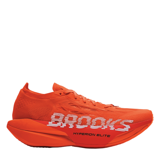 Up & Running Brooks Hyperion Elite 6 running shoes in vibrant tigerlily orange with white branding and rocker sole