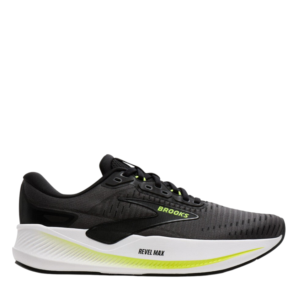 Up & Running Brooks Men's Revel Max running shoes in ebony and black with neon yellow accents and white midsole