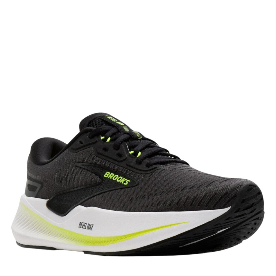 Up & Running Brooks Men's Revel Max running shoes in black and ebony with neon yellow accents and thick white midsole.